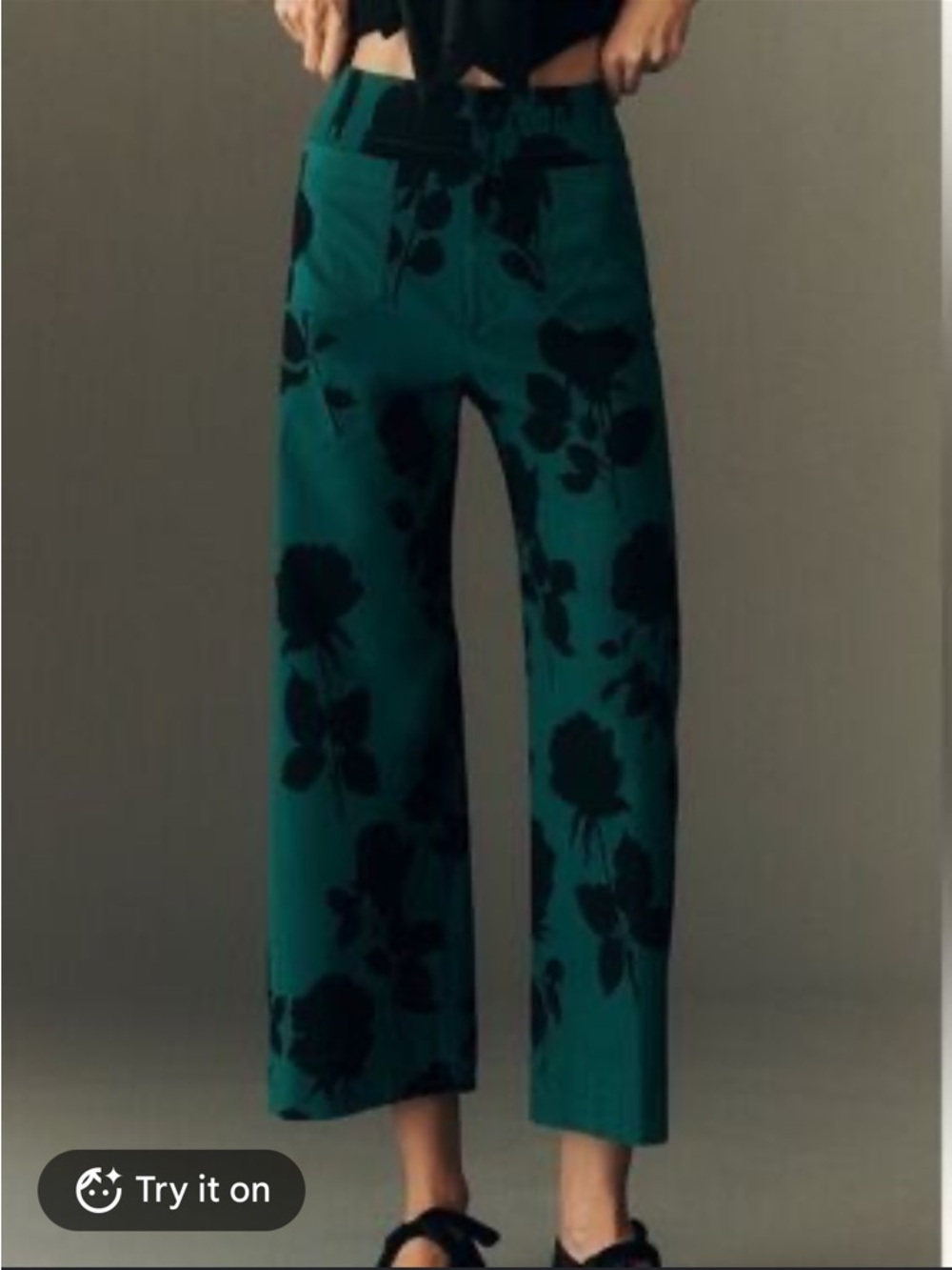Maeve The Colette Wide Leg Cropped Green Rose Print Pants Size 29